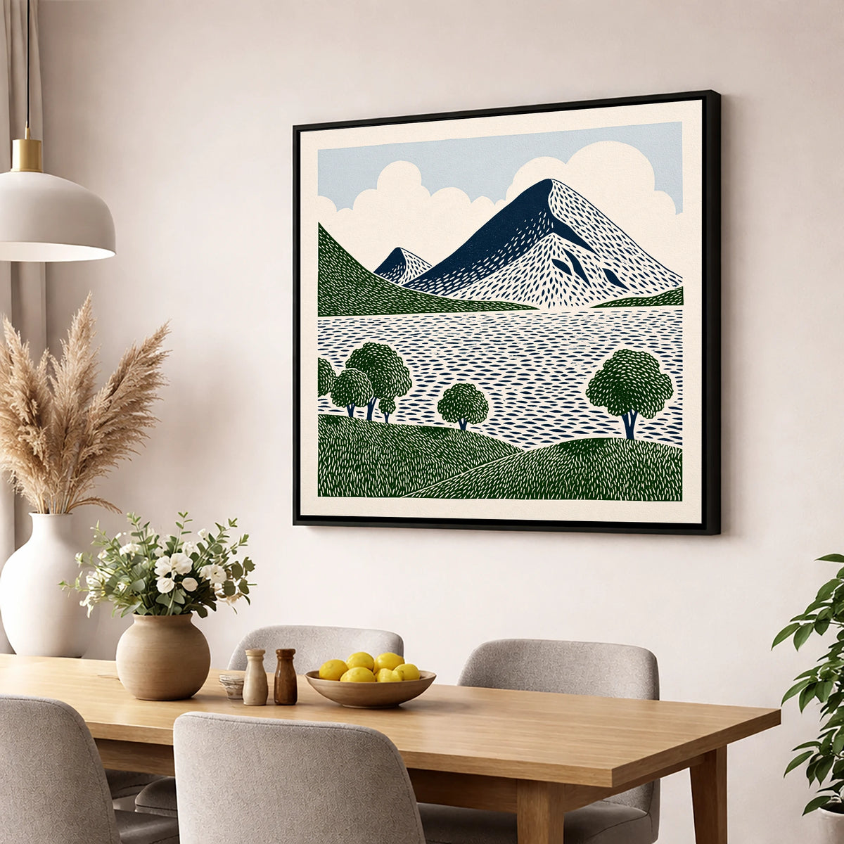 Graphic Fells Above Crummock Water lake district lake wall art displayed in a dining room