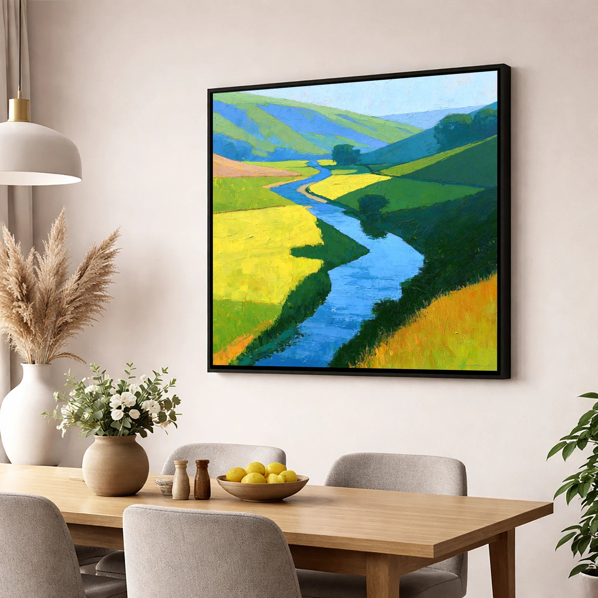 Winding Blue Beck through Vibrant Valley Meadows lake district waterfall wall art displayed in a dining room