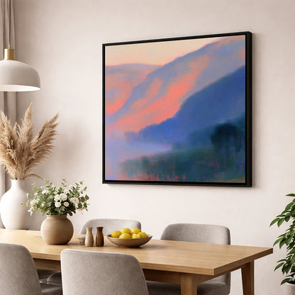 Pink Dawn Over Valley Mist lake district sky wall art displayed in a dining room