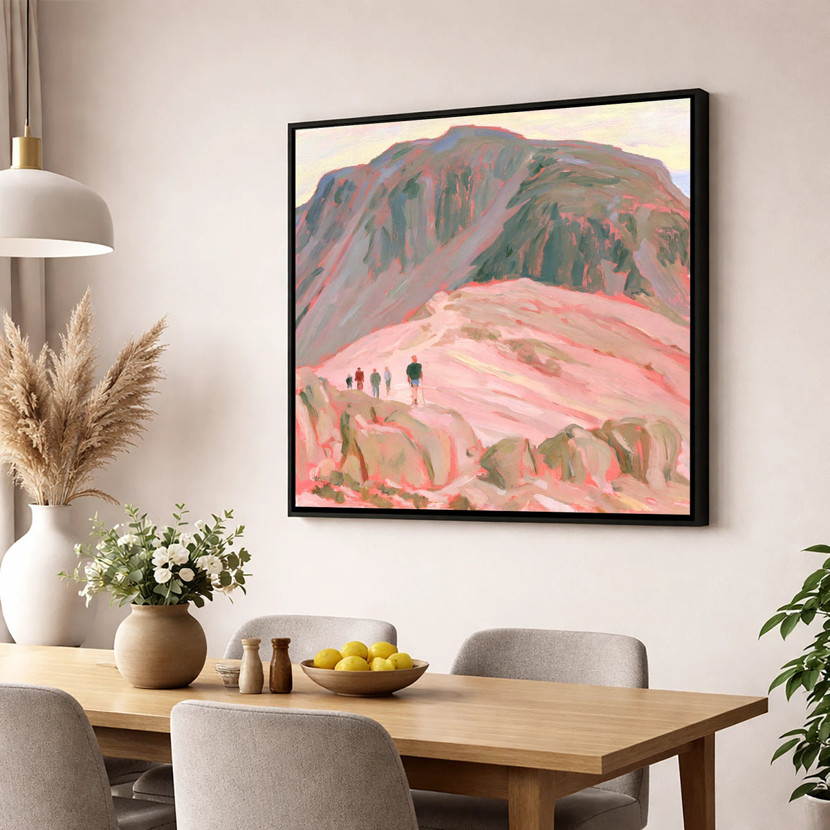 Fell Walkers in Pastel Pink lake district fell wall art displayed in a dining room