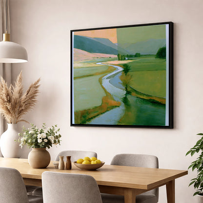 River Valley in Sage and Apricot lake district waterfall wall art displayed in a dining room