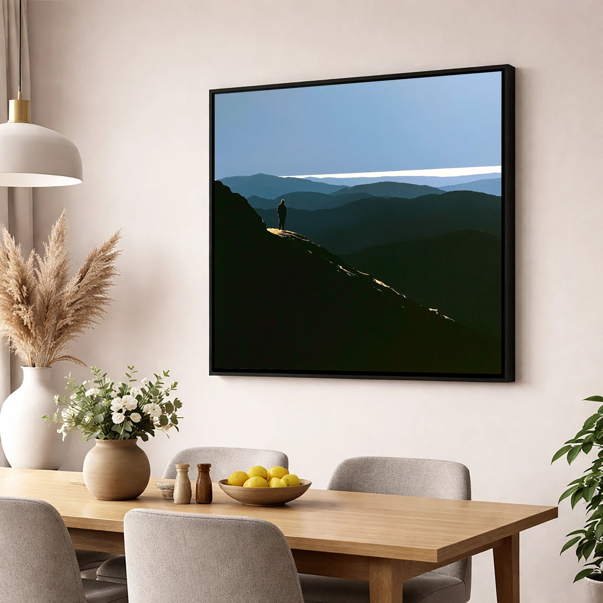 Summit View Across Blue Fells lake district fell wall art displayed in a dining room