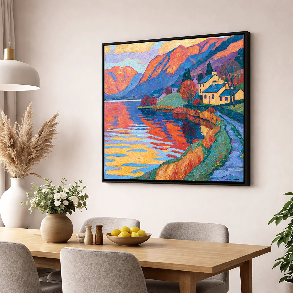 Golden Cottages on the Lakeshore lake district village wall art displayed in a dining room