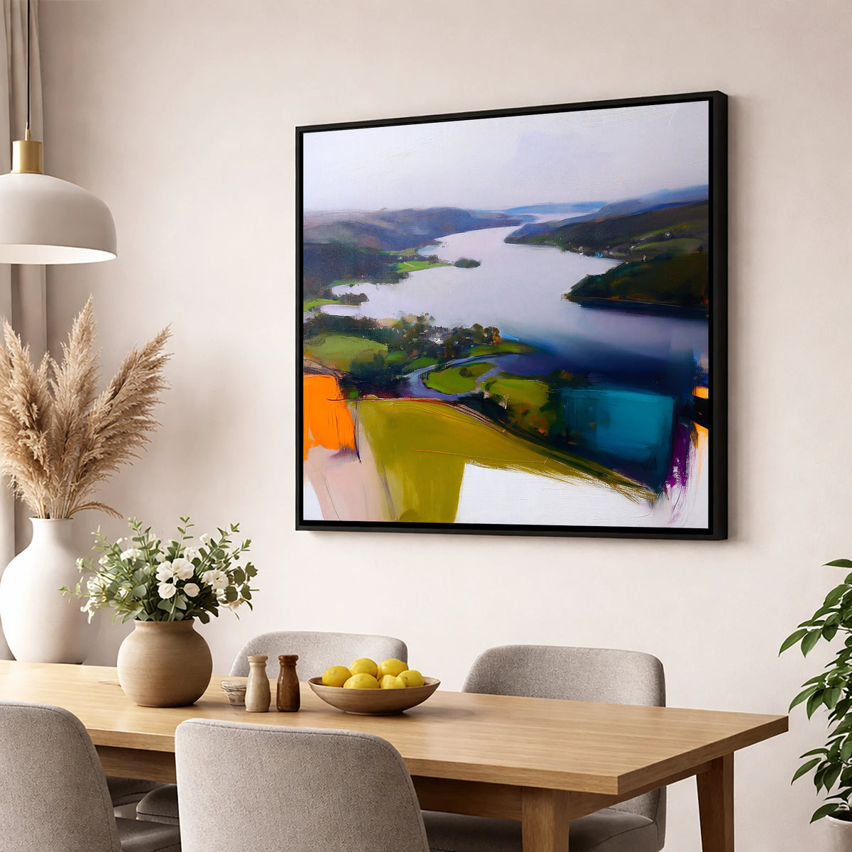 Contemporary Aerial View of Ambleside lake district village wall art displayed in a dining room