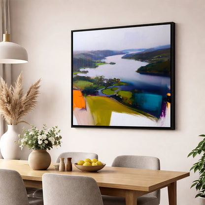 Contemporary Aerial View of Ambleside lake district village wall art displayed in a dining room