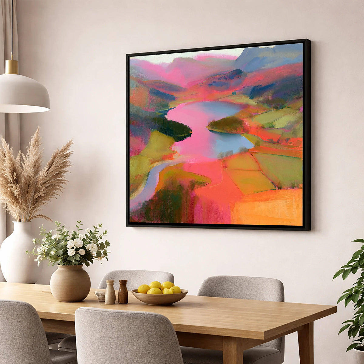 Vivid Elter Water from Above lake district lake wall art displayed in a dining room