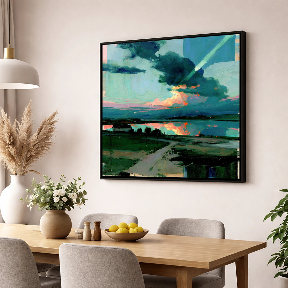 Fiery Sky Over The Lake lake district sky wall art displayed in a dining room