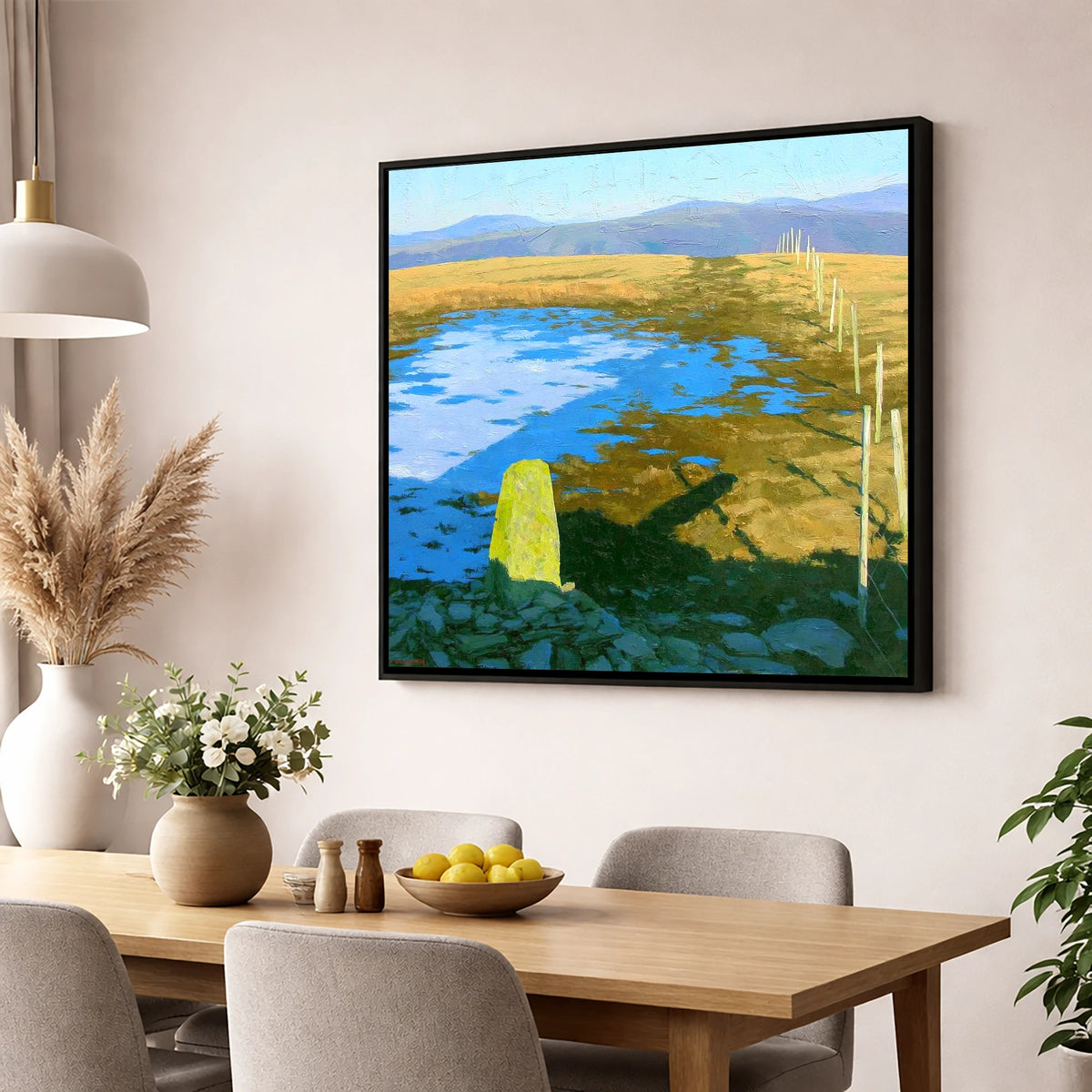 Sunlit Frozen Pool on Ullscarf lake district fell wall art displayed in a dining room