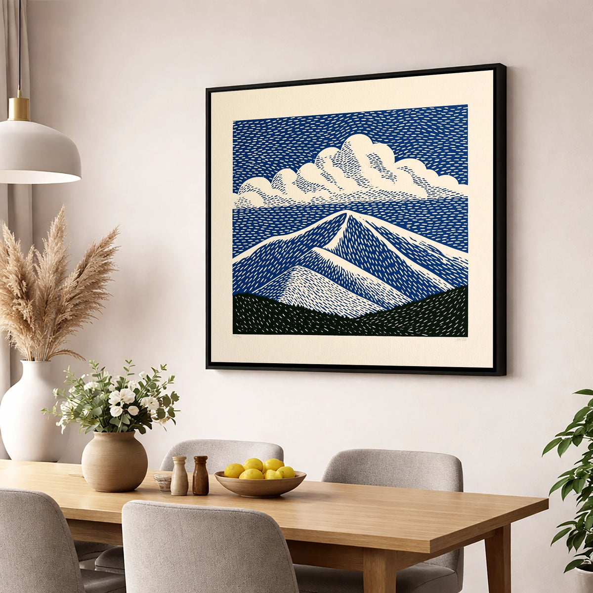 Bold Navy Blue Skiddaw Peak lake district fell wall art displayed in a dining room