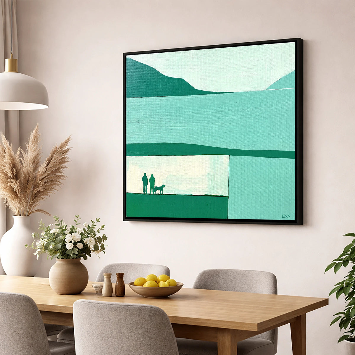Glenridding Dog Walkers in Teal gifts for dog walkers wall art displayed in a dining room