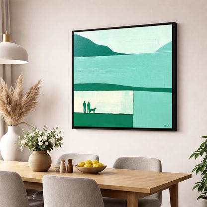 Glenridding Dog Walkers in Teal gifts for dog walkers wall art displayed in a dining room