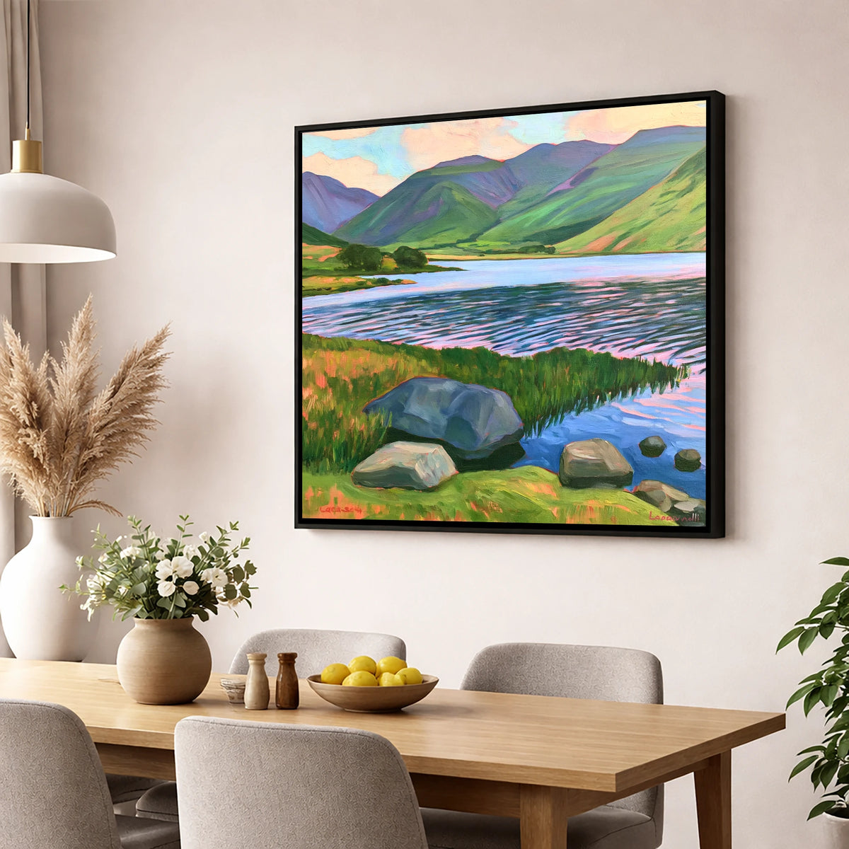 Sunset Ripples on the Lake lake district lake wall art displayed in a dining room