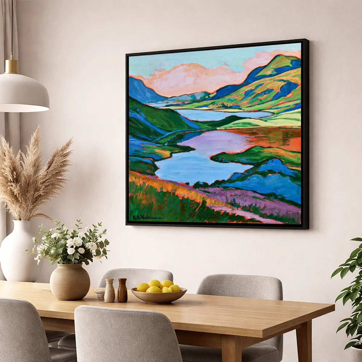 Colourful Fells Above the Lake lake district lake wall art displayed in a dining room