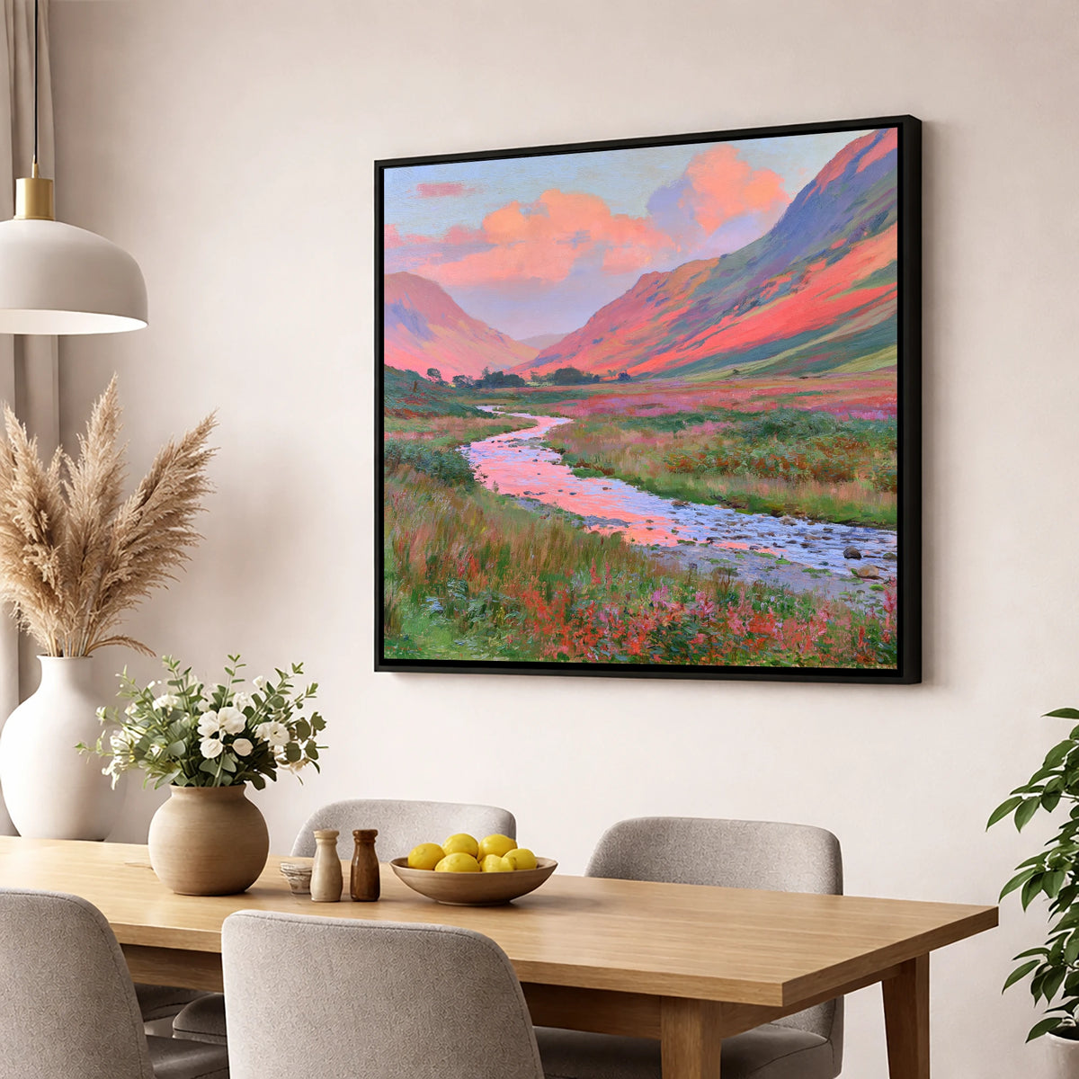 Winding Valley River at Sunset lake district waterfall wall art displayed in a dining room