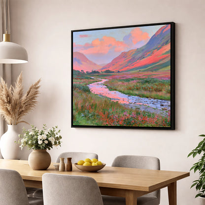 Winding Valley River at Sunset lake district waterfall wall art displayed in a dining room