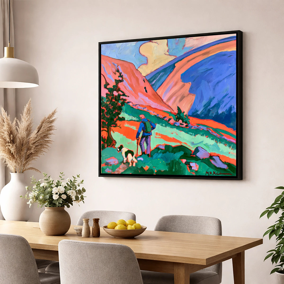 Vibrant Dog Walk on Threlkeld gifts for dog walkers wall art displayed in a dining room