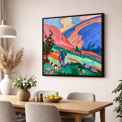 Vibrant Dog Walk on Threlkeld gifts for dog walkers wall art displayed in a dining room