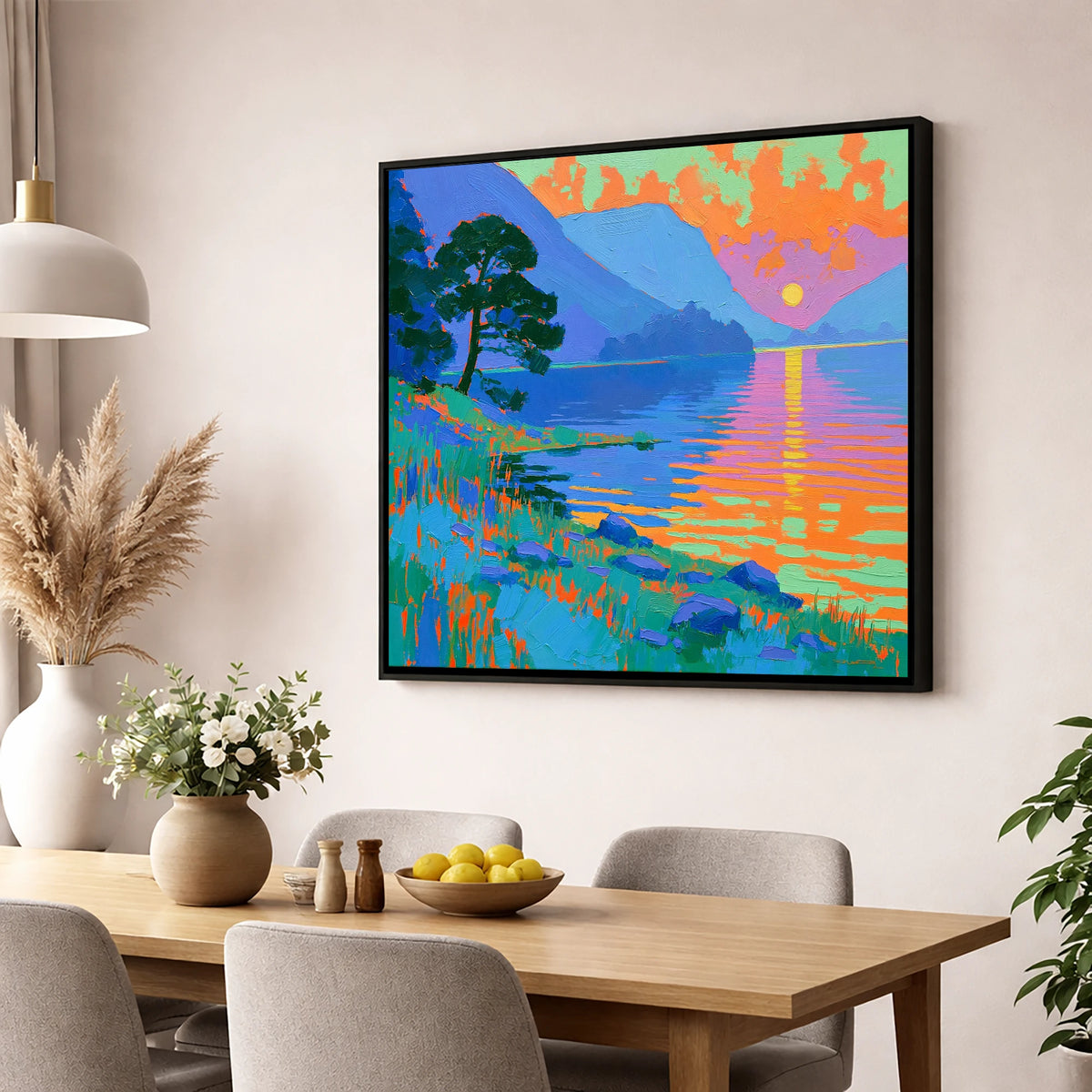 Bold Sunset Over The Lake lake district lake wall art displayed in a dining room