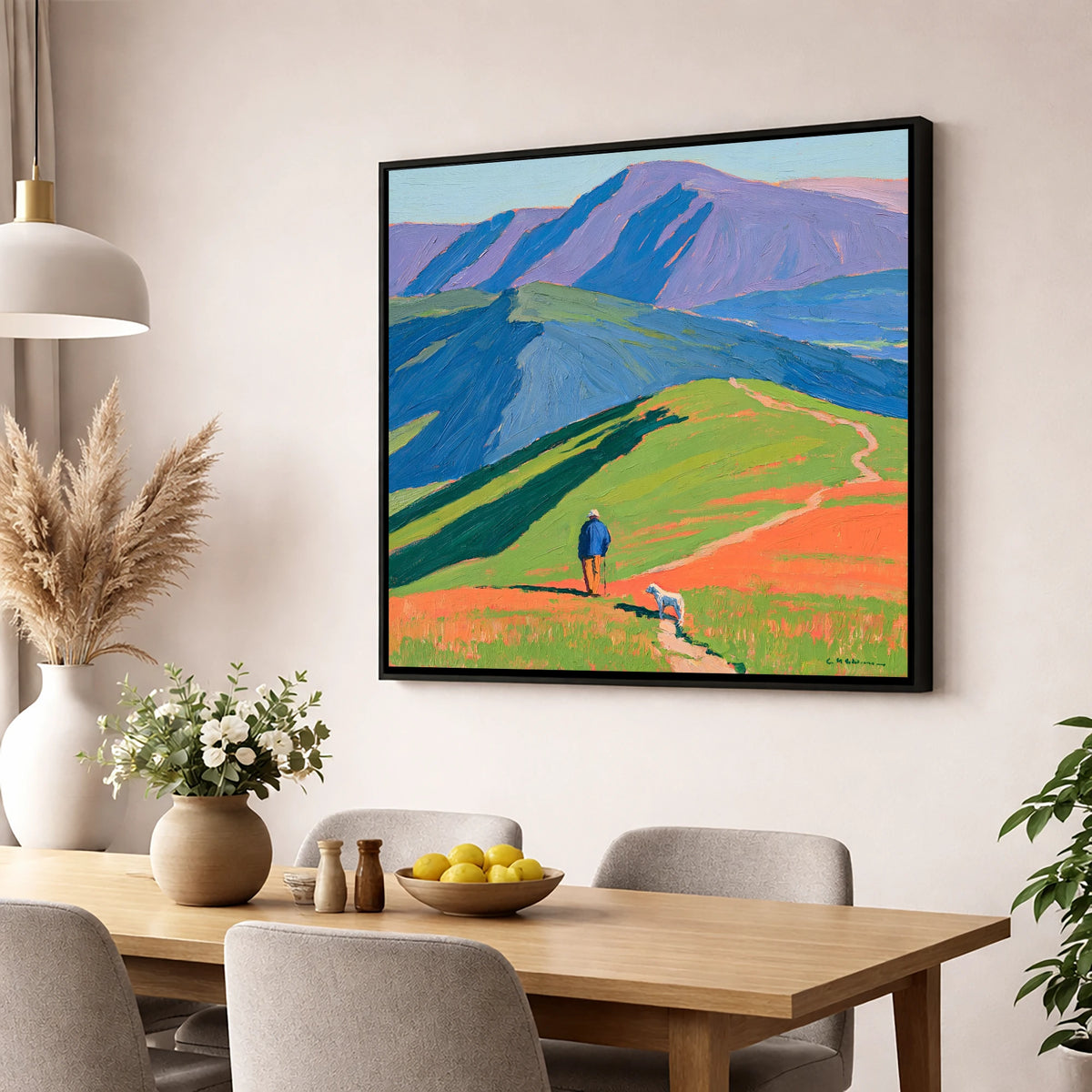 Vibrant Walker and Dog on Latrigg gifts for dog walkers wall art displayed in a dining room