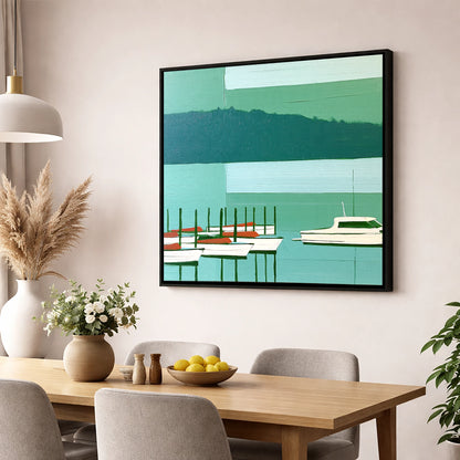 Moored Boats on a Teal Windermere lake district lake wall art displayed in a dining room