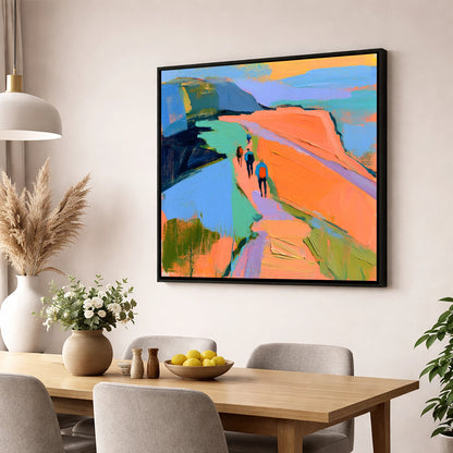 Walkers on Bright Mountain Path lake district walking wall art displayed in a dining room