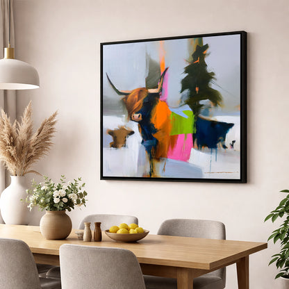 Highland Cow in Vibrant Colour lake district wildlife wall art displayed in a dining room