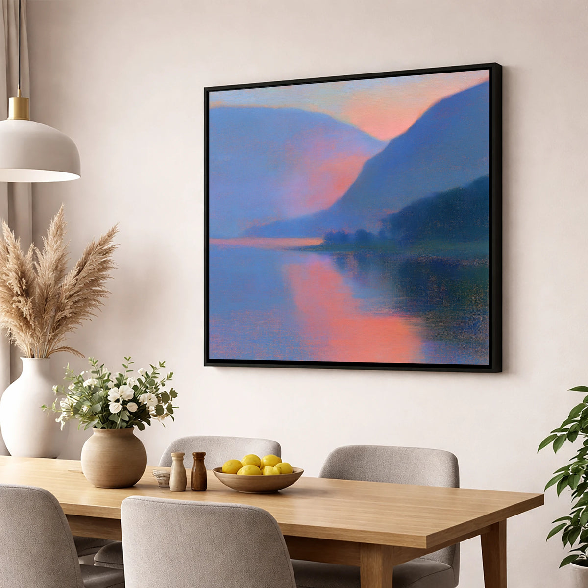 Twilight Lake and Indigo Fells lake district lake wall art displayed in a dining room