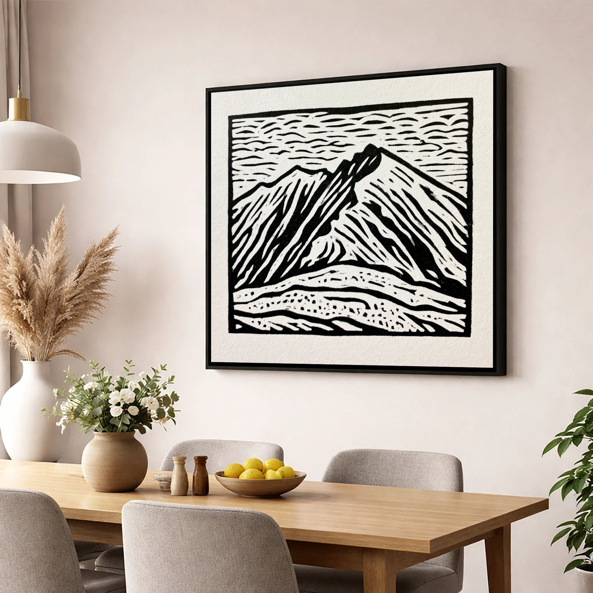 Monochrome Helvellyn Ridges lake district fell wall art displayed in a dining room