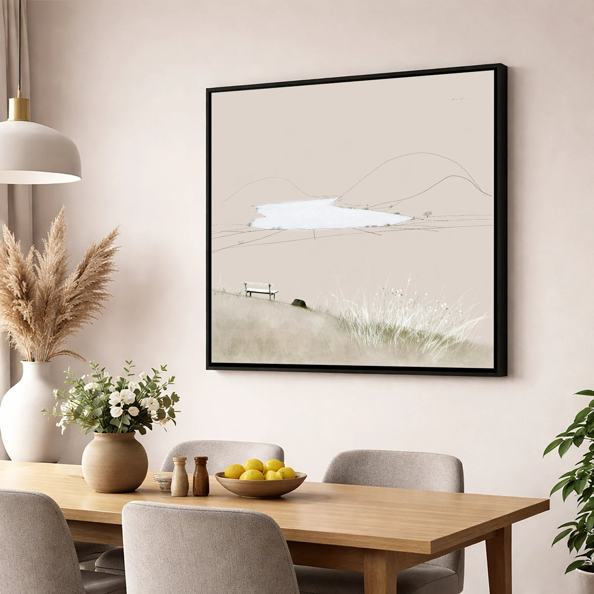 Loweswater Bench in Neutral Tones lake district lake wall art displayed in a dining room