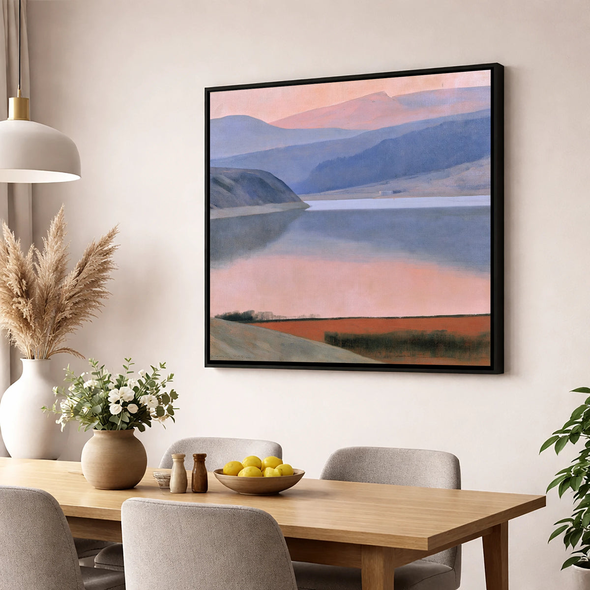 Lake and Fells in Dusk Pink lake district lake wall art displayed in a dining room