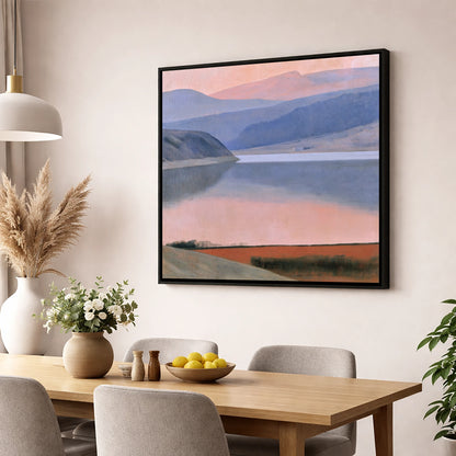 Lake and Fells in Dusk Pink lake district lake wall art displayed in a dining room