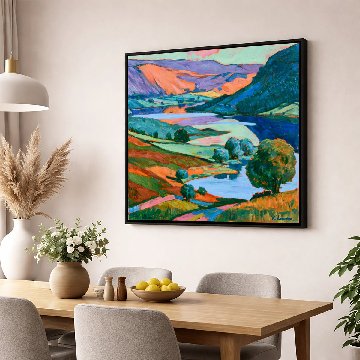 Vibrant Fells and Winding Lake lake district lake wall art displayed in a dining room