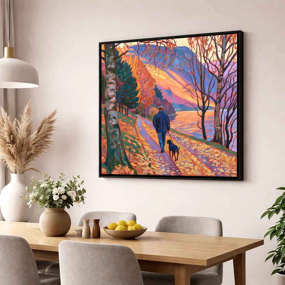 Autumn Dog Walk at Glenridding gifts for dog walkers wall art displayed in a dining room