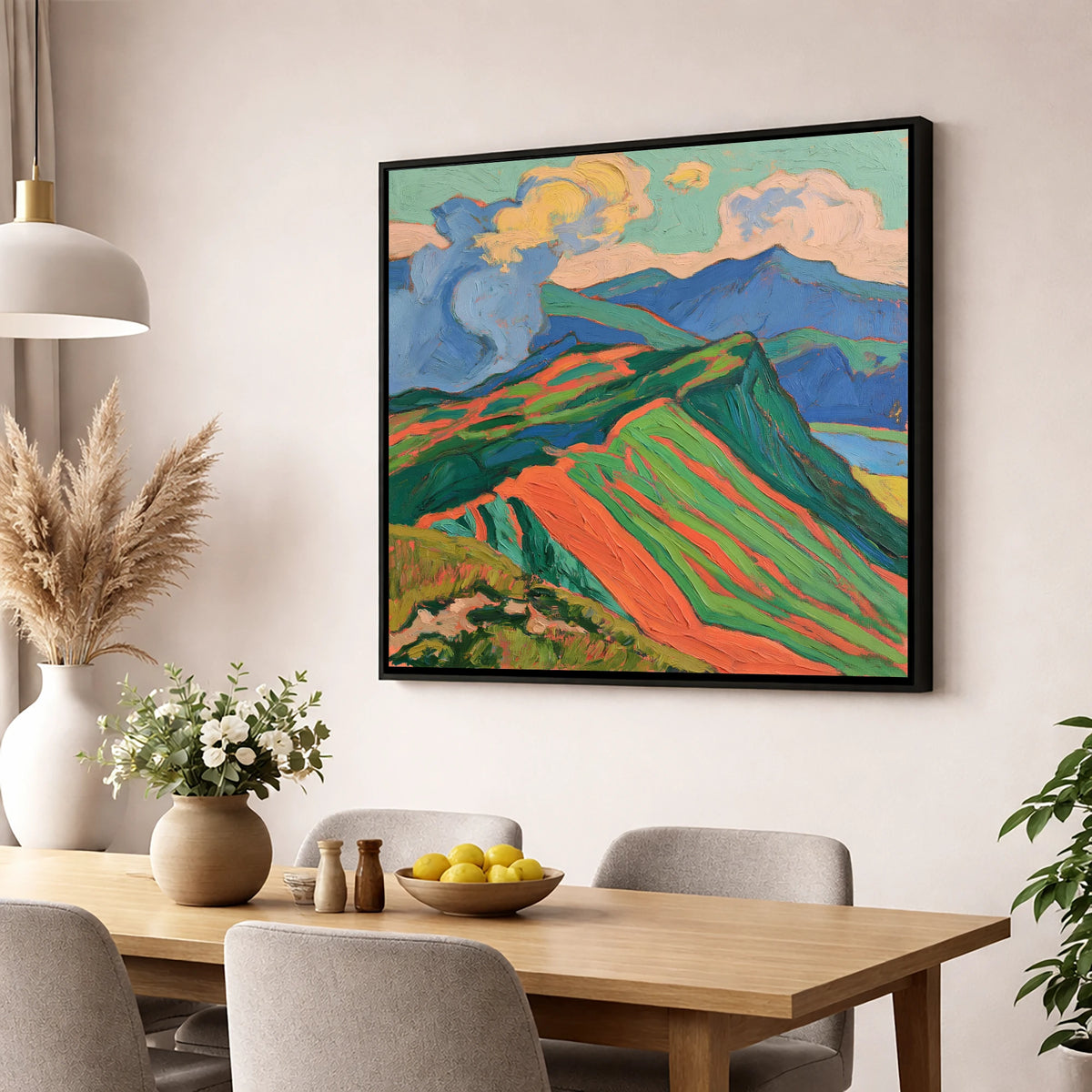 Vivid Misty Mountain Ridge lake district fell wall art displayed in a dining room