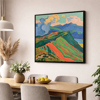 Vivid Misty Mountain Ridge lake district fell wall art displayed in a dining room
