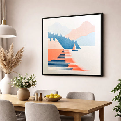Geometric Sailboat on Windermere lake district lake wall art displayed in a dining room