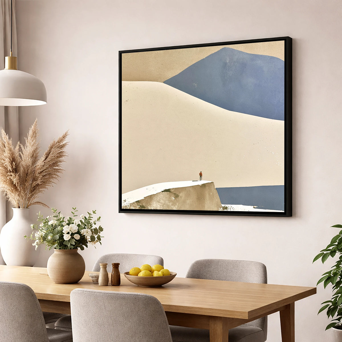 Lone Hiker Against Blue Fells lake district walking wall art displayed in a dining room