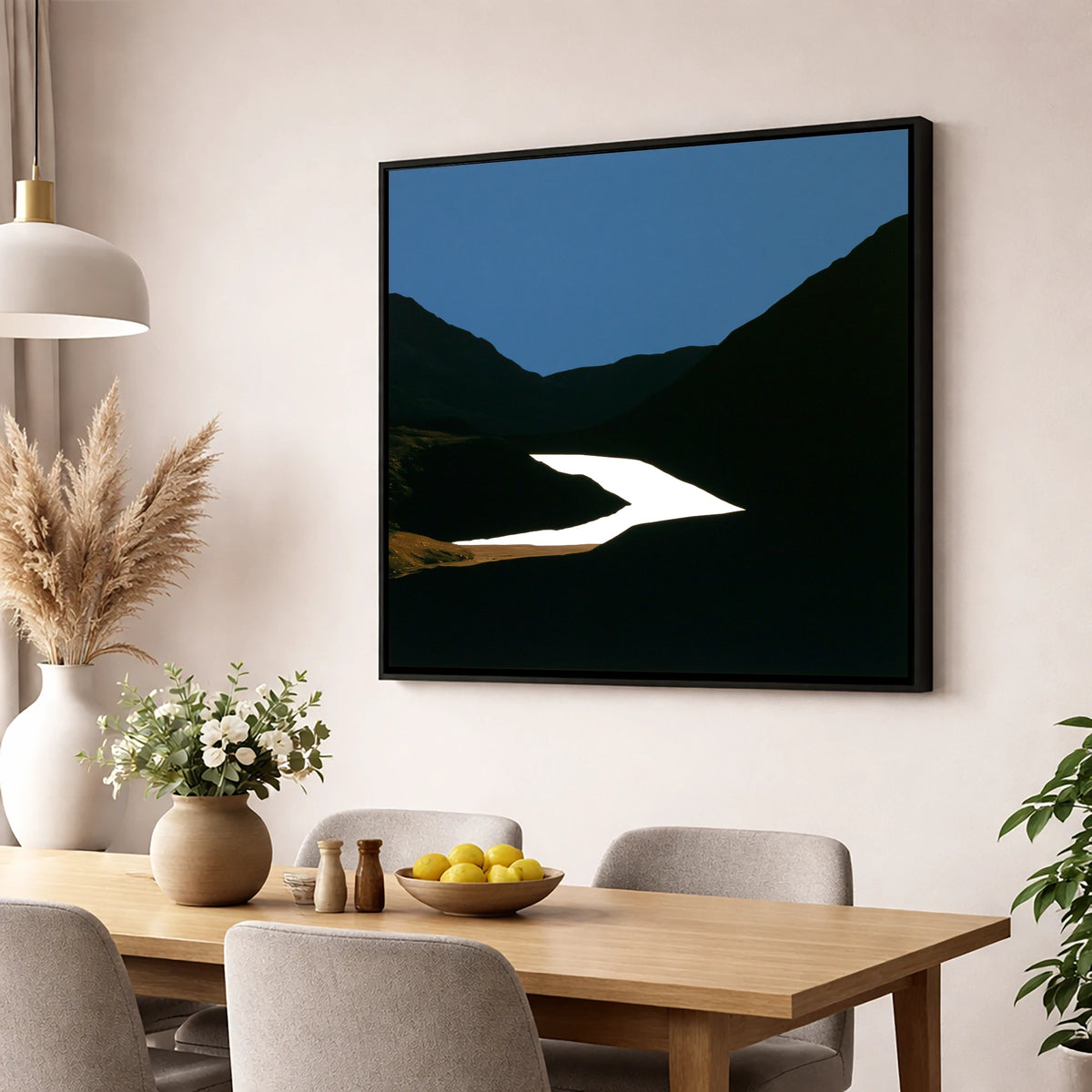 Luminous Lake Below Dark Fells lake district lake wall art displayed in a dining room