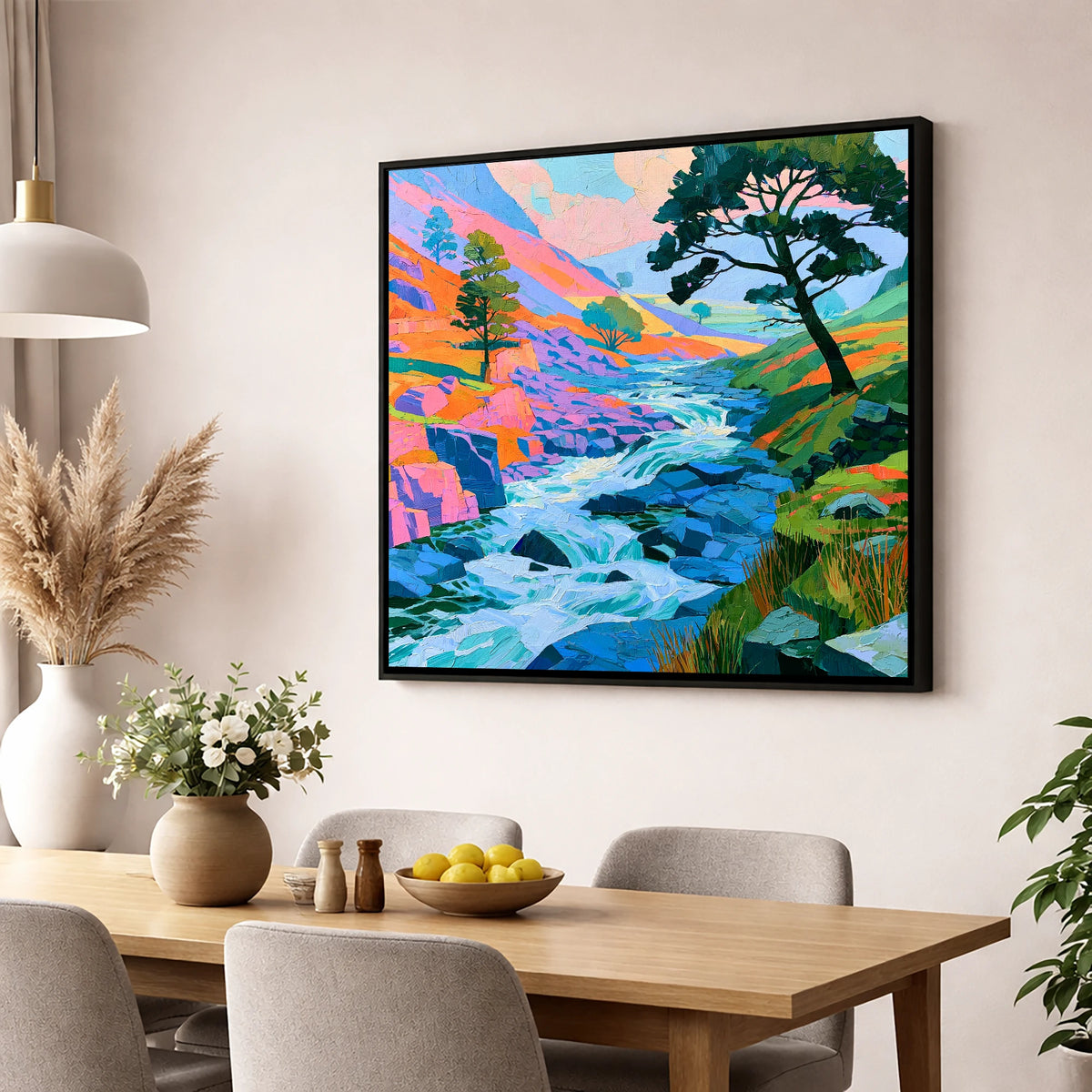 Colourful Rushing Fellside Beck lake district waterfall wall art displayed in a dining room