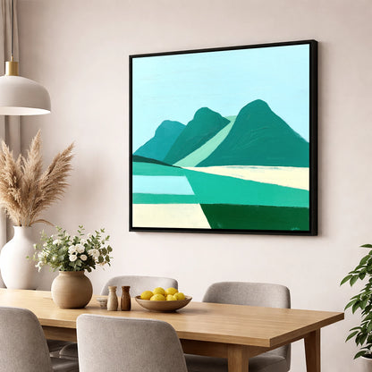 Geometric Langdale Pikes in Teal lake district fell wall art displayed in a dining room