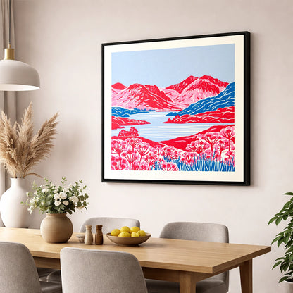 Vivid Red Fells and Lake lake district lake wall art displayed in a dining room