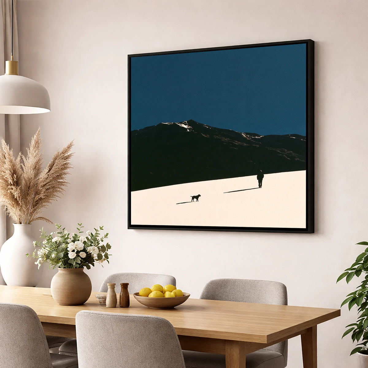 Silhouetted Dog Walker on Skiddaw gifts for dog walkers wall art displayed in a dining room