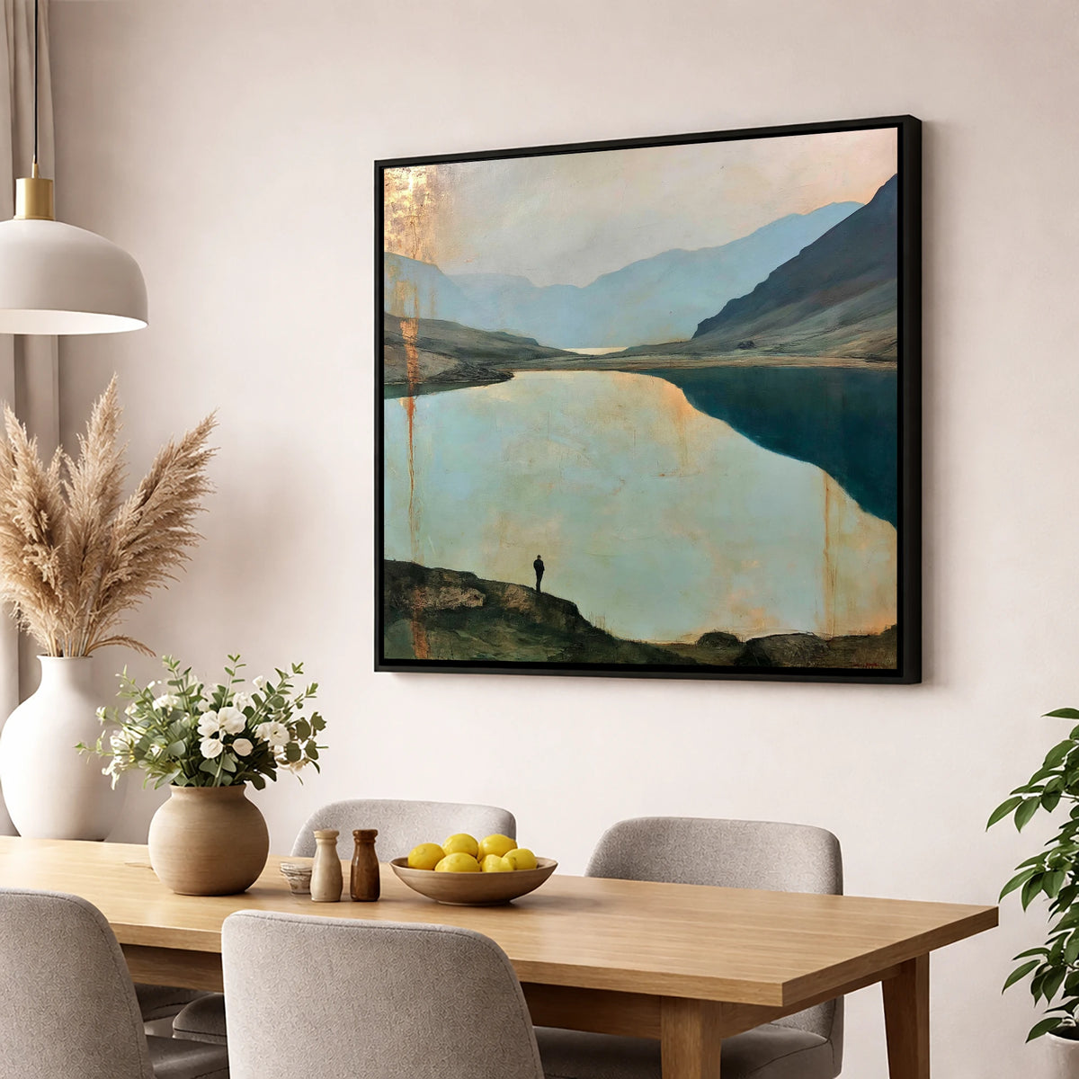 Silhouetted Walker at Innominate Tarn lake district fell wall art displayed in a dining room