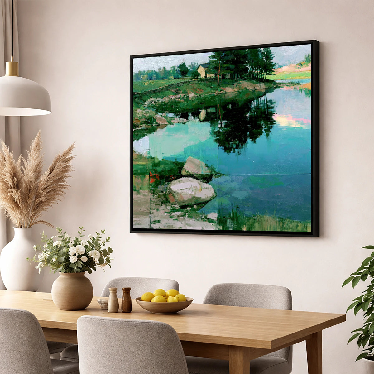 Lakeside Cottage And Turquoise Reflections lake district lake wall art displayed in a dining room