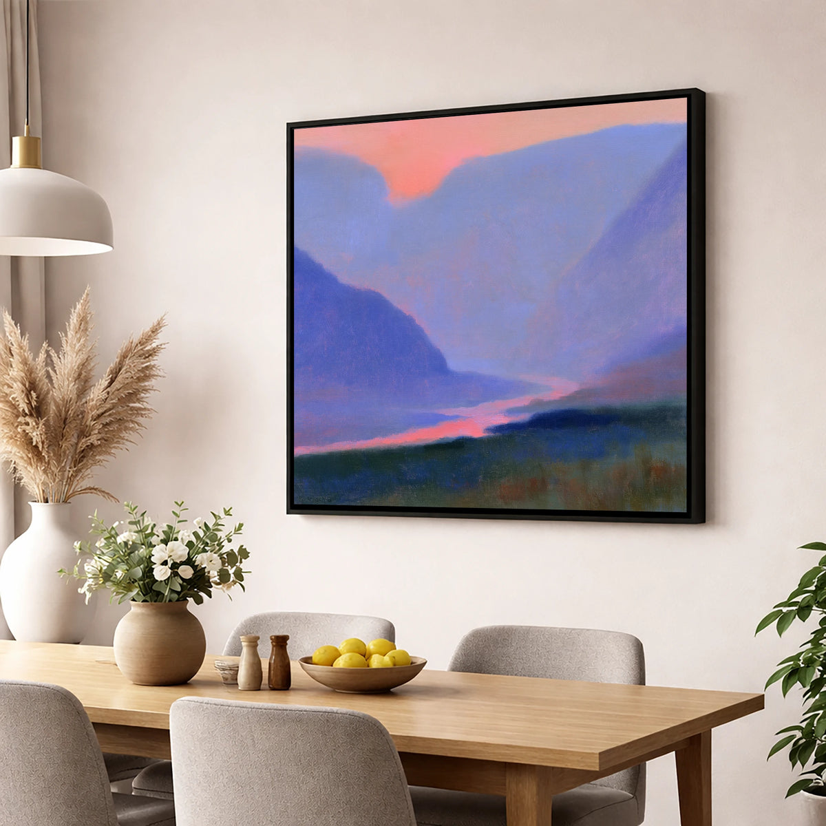 Twilight River Through Indigo Fells lake district waterfall wall art displayed in a dining room