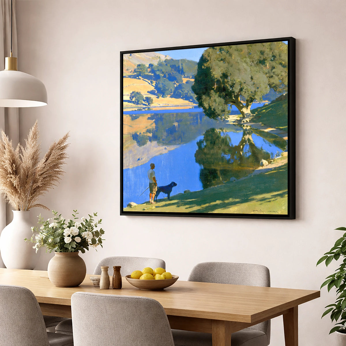 Sunlit Rydal Water Dog Walk gifts for dog walkers wall art displayed in a dining room
