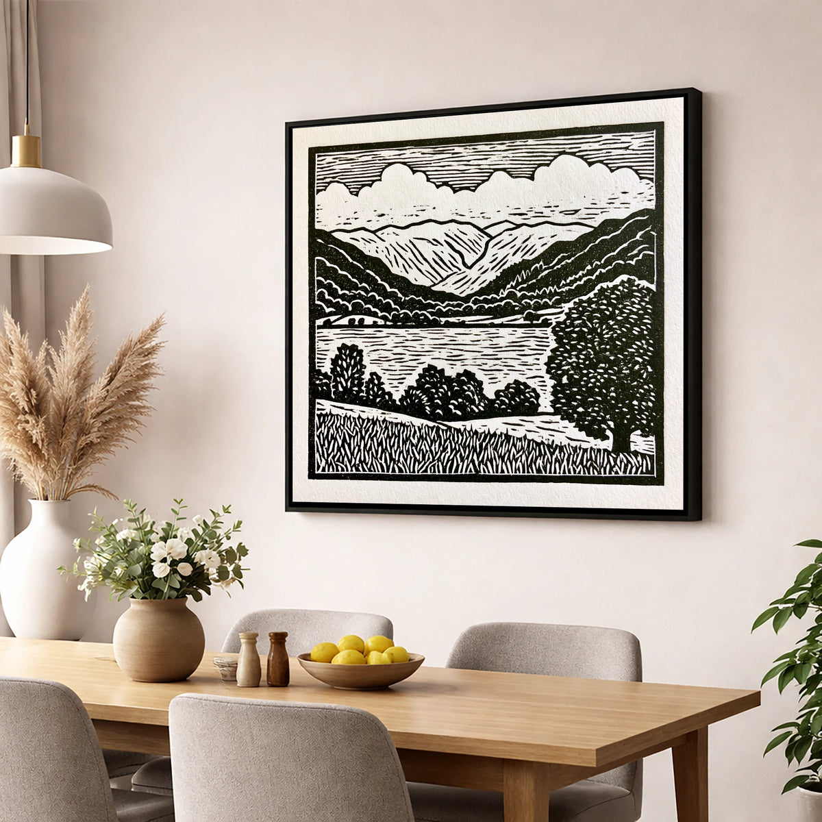 Grasmere and Fells in Monochrome lake district lake wall art displayed in a dining room