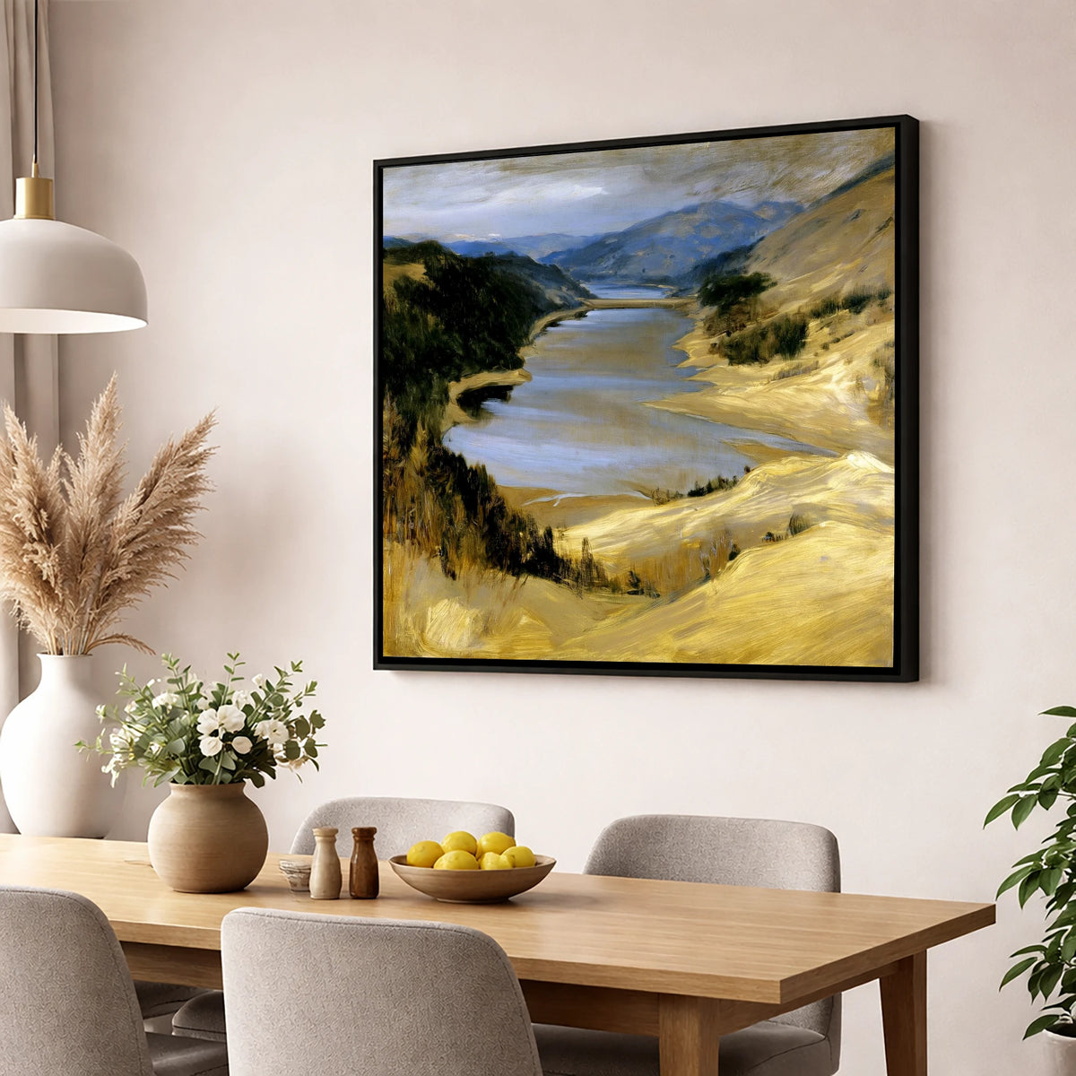 Thirlmere Reservoir in Golden Ochre lake district lake wall art displayed in a dining room