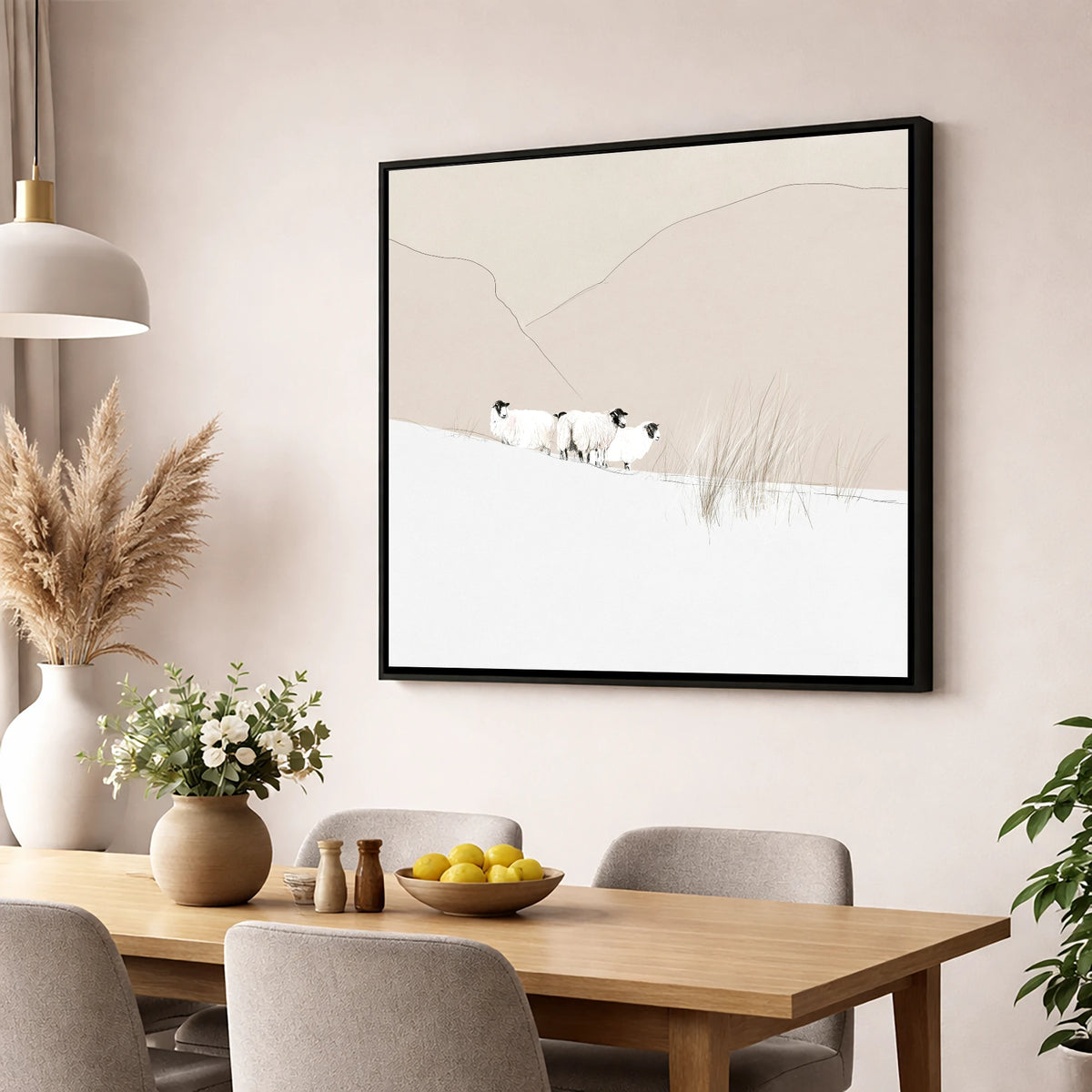 Herdwick Sheep on Minimalist Fell lake district wildlife wall art displayed in a dining room