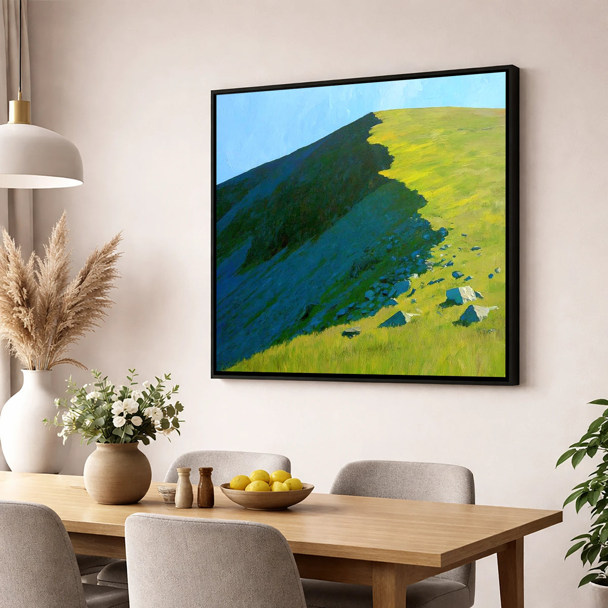 Striking Shadows on Caw Fell lake district fell wall art displayed in a dining room